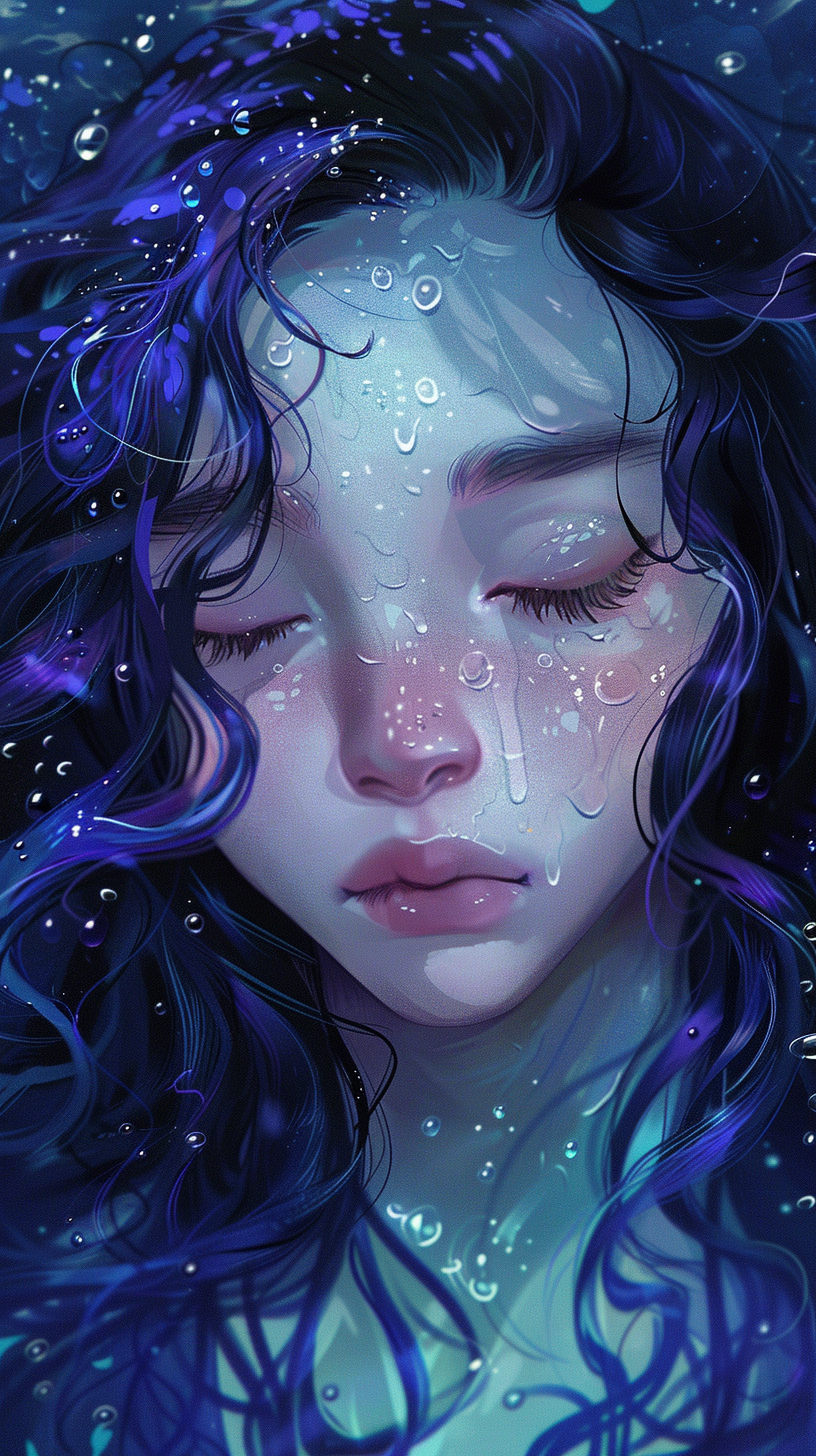 Midjourney prompt: A digital illustration of a girl with deep purple ... - Midjourney