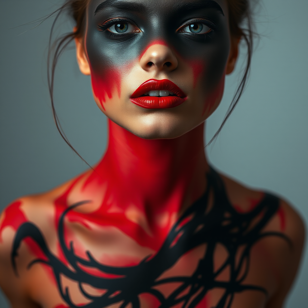 صورة مولدة بالذكاء الاصطناعي: FLUX prompt: "A woman's front face and upper torso, painted in ... (نموذج FLUX - صور شخصية)