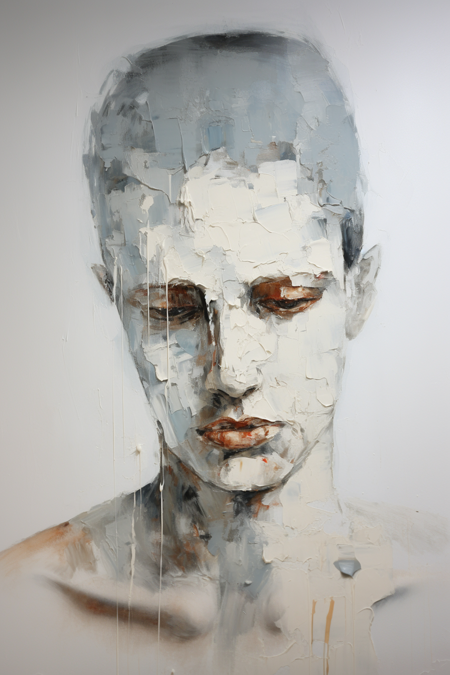 صورة مولدة بالذكاء الاصطناعي: Midjourney prompt: painting, sad and broke persion, unhappy, white so... (نموذج Midjourney - فن مفاهيمي)