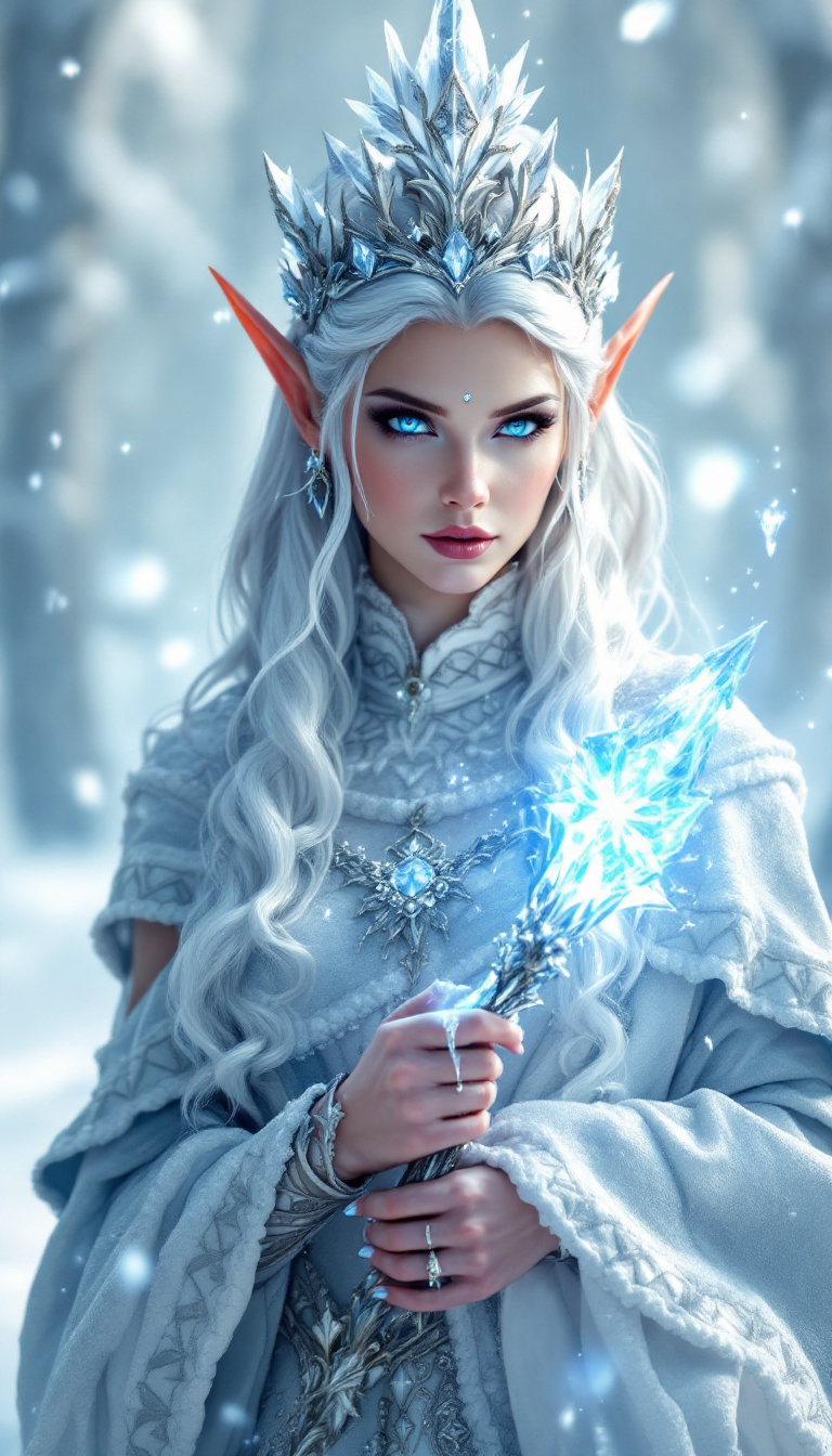 FLUX prompt: A regal elf queen with silver hair and pierc...