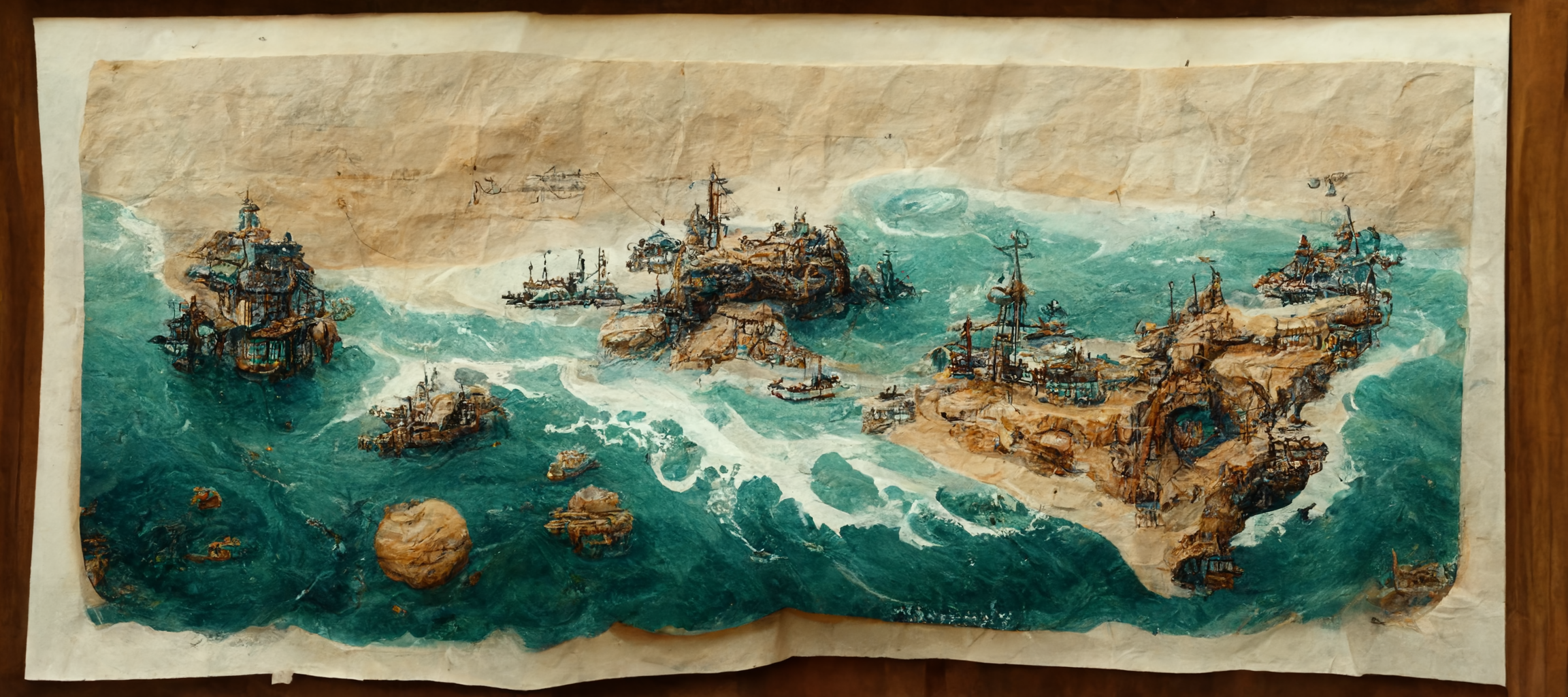 Midjourney prompt: [a hand drawn pirate map on parchment]...