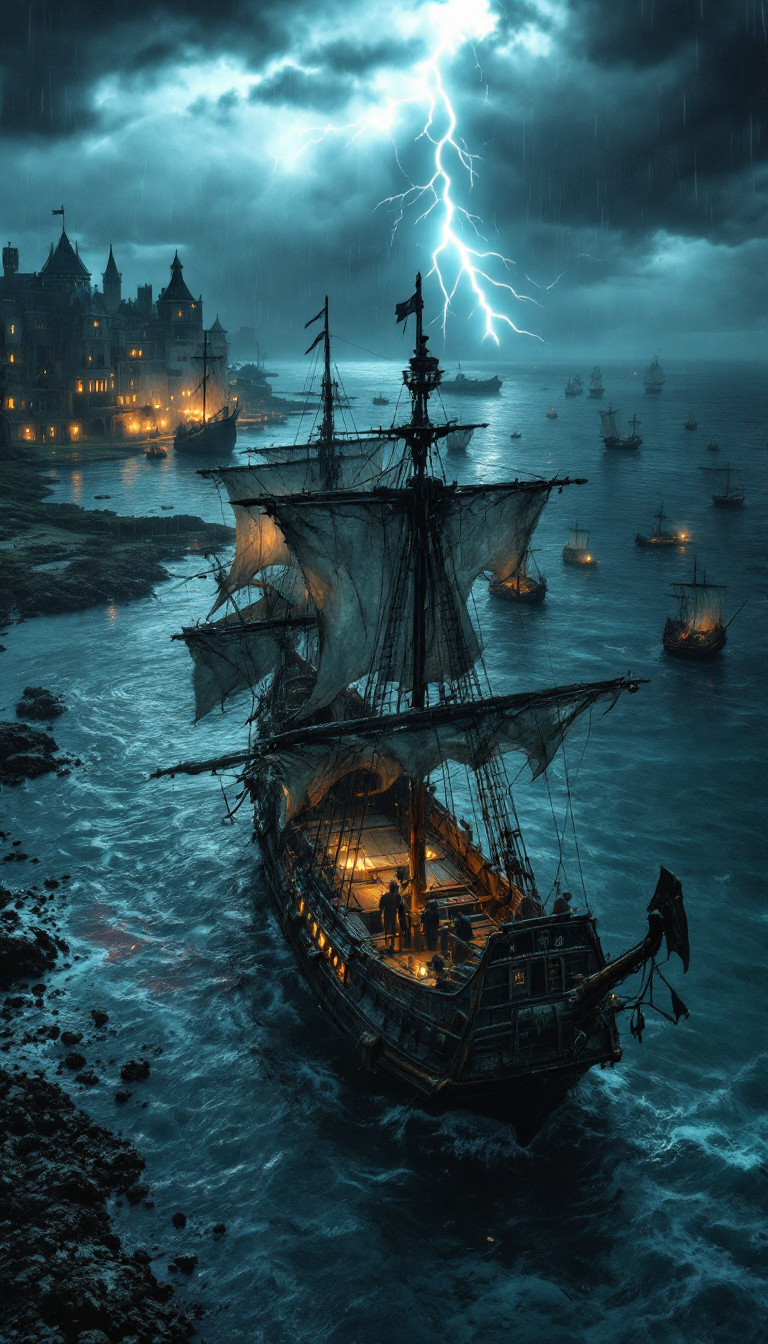 FLUX prompt: Aerial view of a weathered 16th-century pirate shi... - FLUX