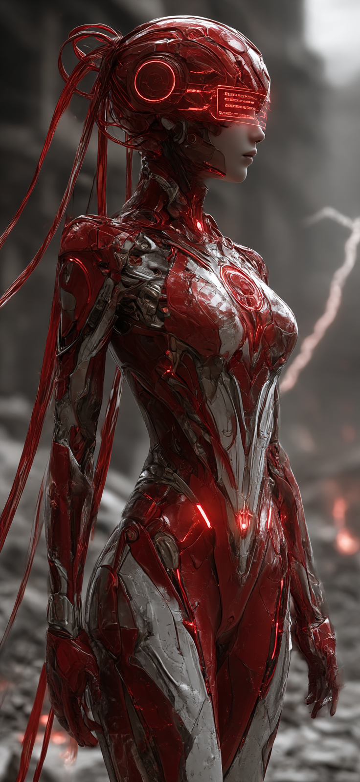 صورة مولدة بالذكاء الاصطناعي: Midjourney prompt: A young, Asian female cyborg, with a calm, almost ... (نموذج Midjourney - مناظر طبيعية)