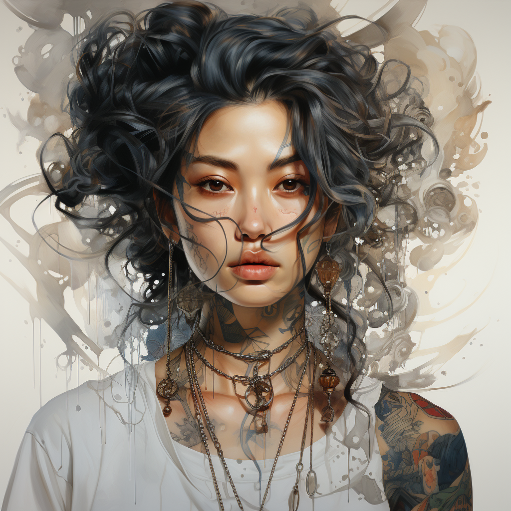 Midjourney prompt: an asian woman wearing a white shirt and jewelry, ... - Midjourney