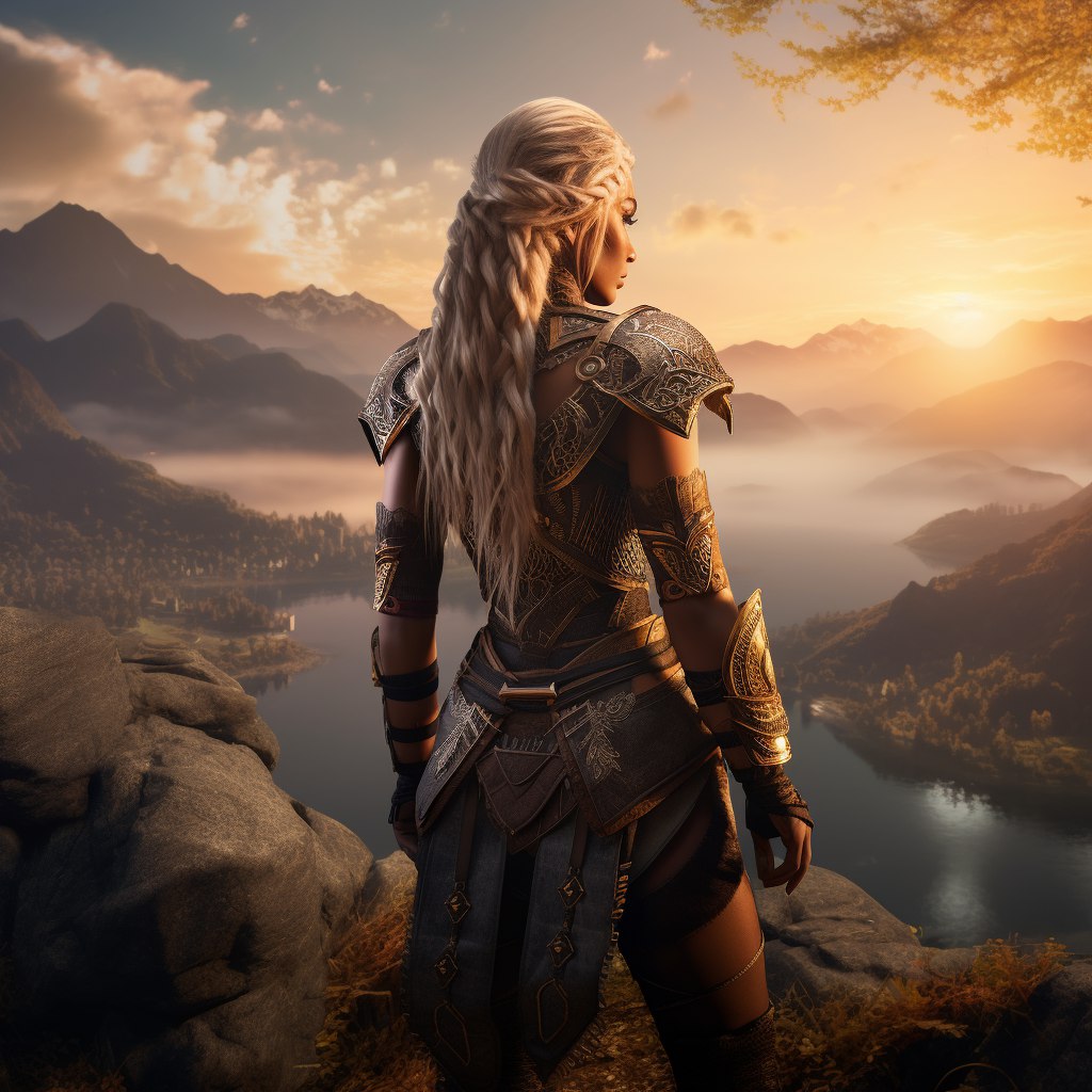 Midjourney prompt: a woman standing on top of a mountain ...
