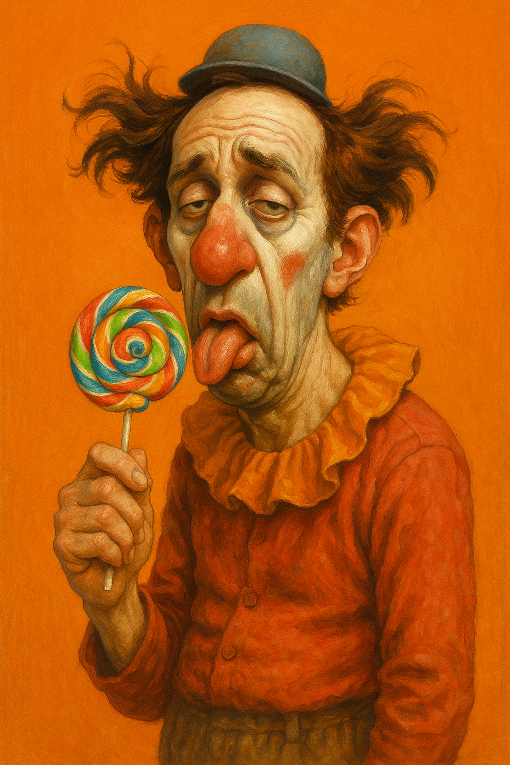 ChatGPT Image prompt: Funny caricature of a disheveled male clown, about... - ChatGPT Image