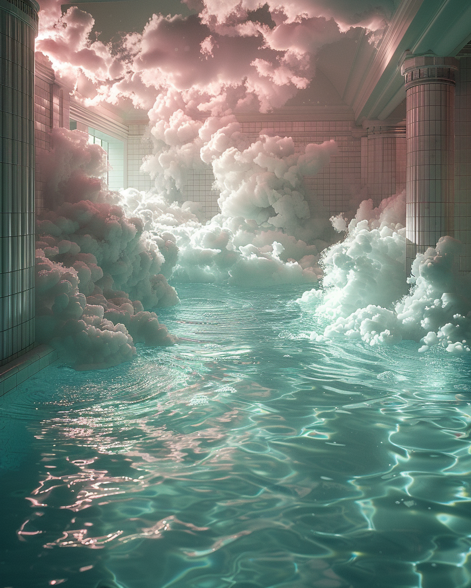 AI generated: Midjourney prompt: a swimming pool full of fluffy clouds --s 750 --ar... (Midjourney - Landscapes)