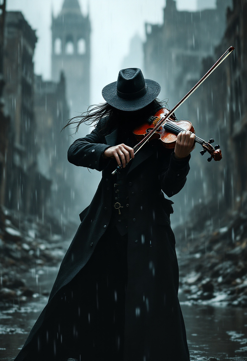 FLUX prompt: A medium close-up of a mysterious dark gunslinger ... - FLUX