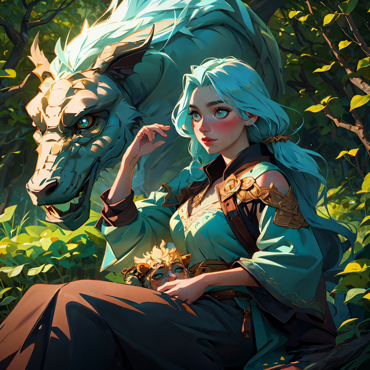 AI generated: Stable Diffusion prompt: a woman sitting on a rock next to a dragon in the ... (Stable Diffusion - Concept Art)