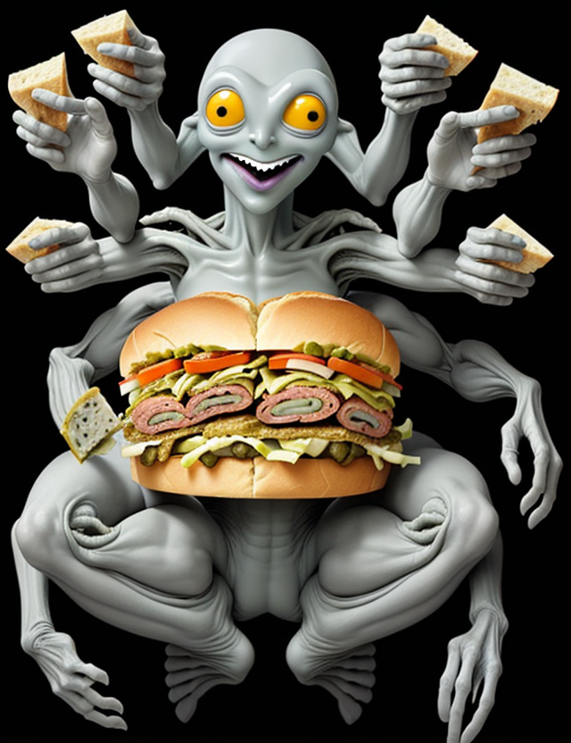 DreamShaper prompt: A Grey Alien eating a large sandwich ...