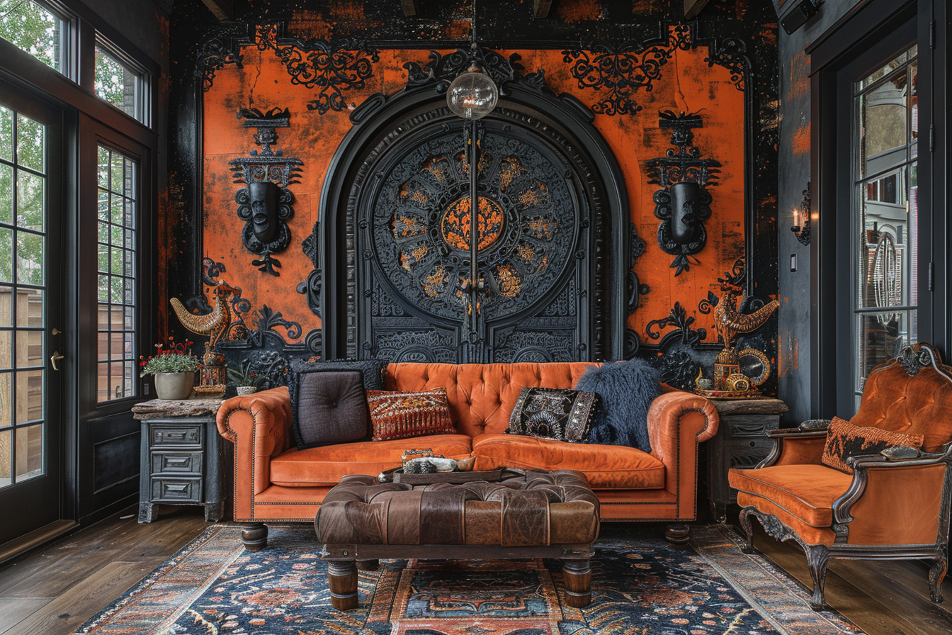 صورة مولدة بالذكاء الاصطناعي: Living room inspired by Baroque style (نموذج Midjourney - تصميم داخلي)
