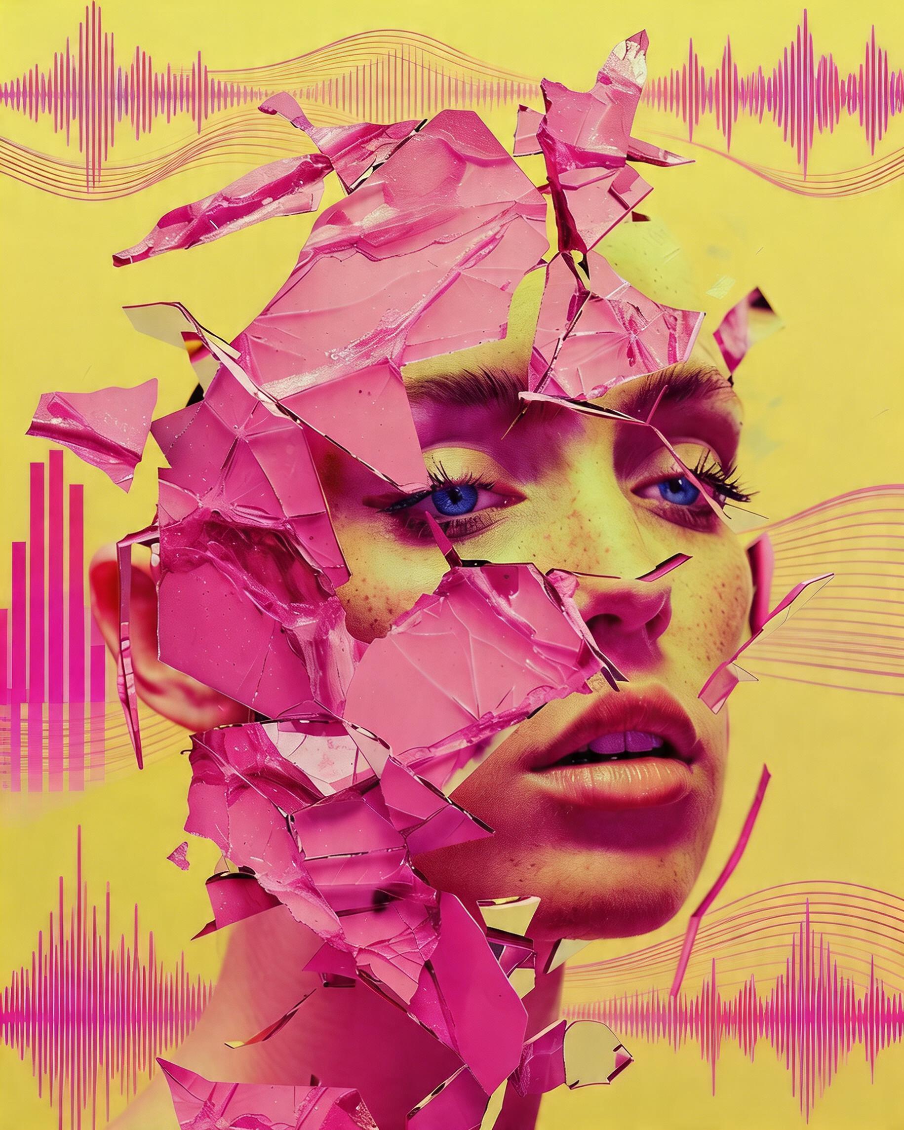 AI generated: Seedream 5 prompt: A beautiful female model made of pink broken piece... (Seedream 5 - Portraits)