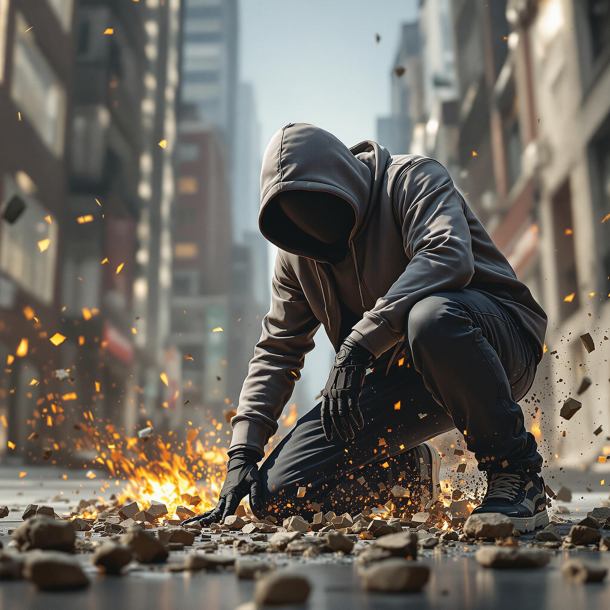 FLUX prompt: hip hop urban man in hoodie kneeling in the super... - FLUX