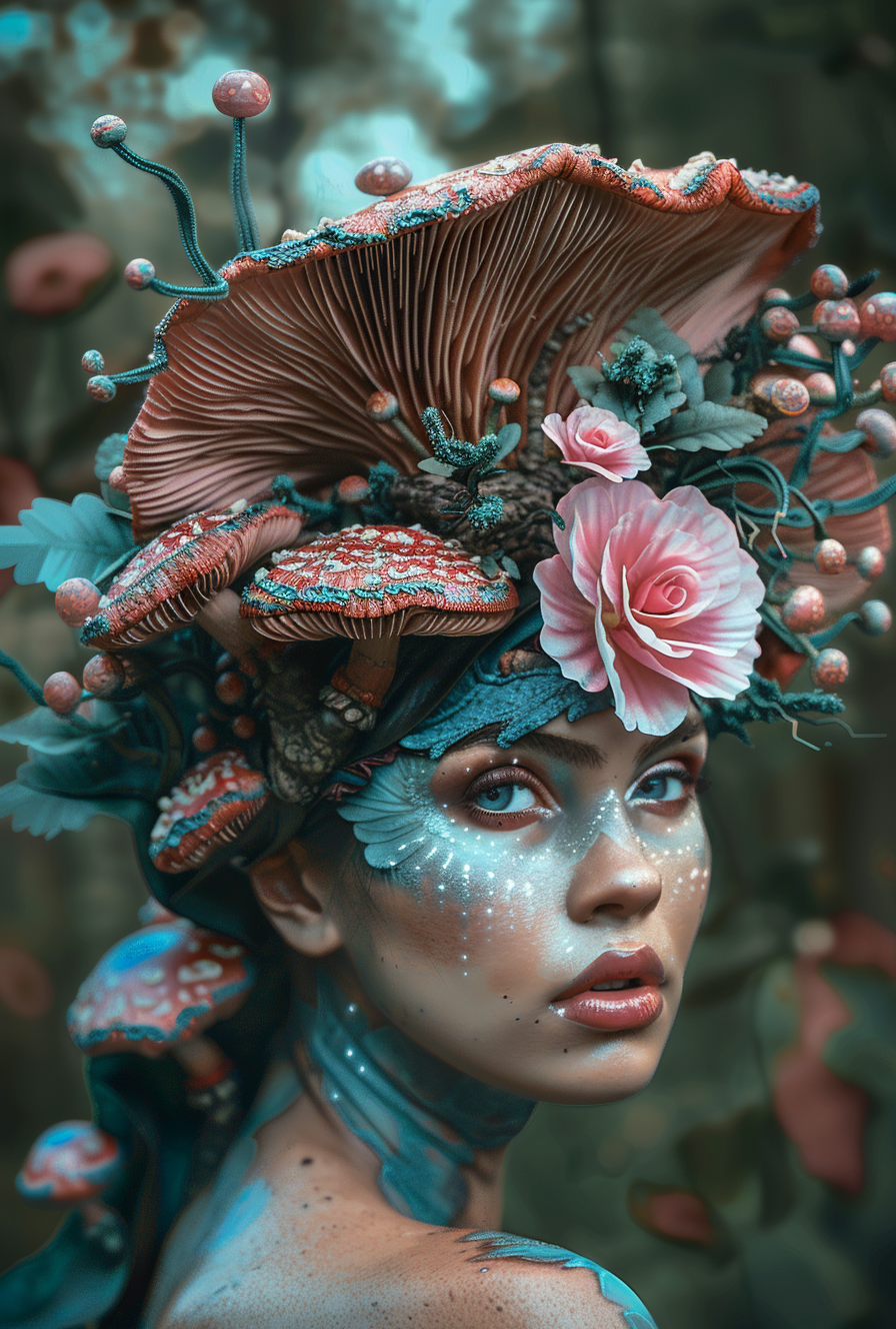 AI generated: Midjourney prompt: a woman with a mushroom mane with a pink flower on... (Midjourney - Portraits)