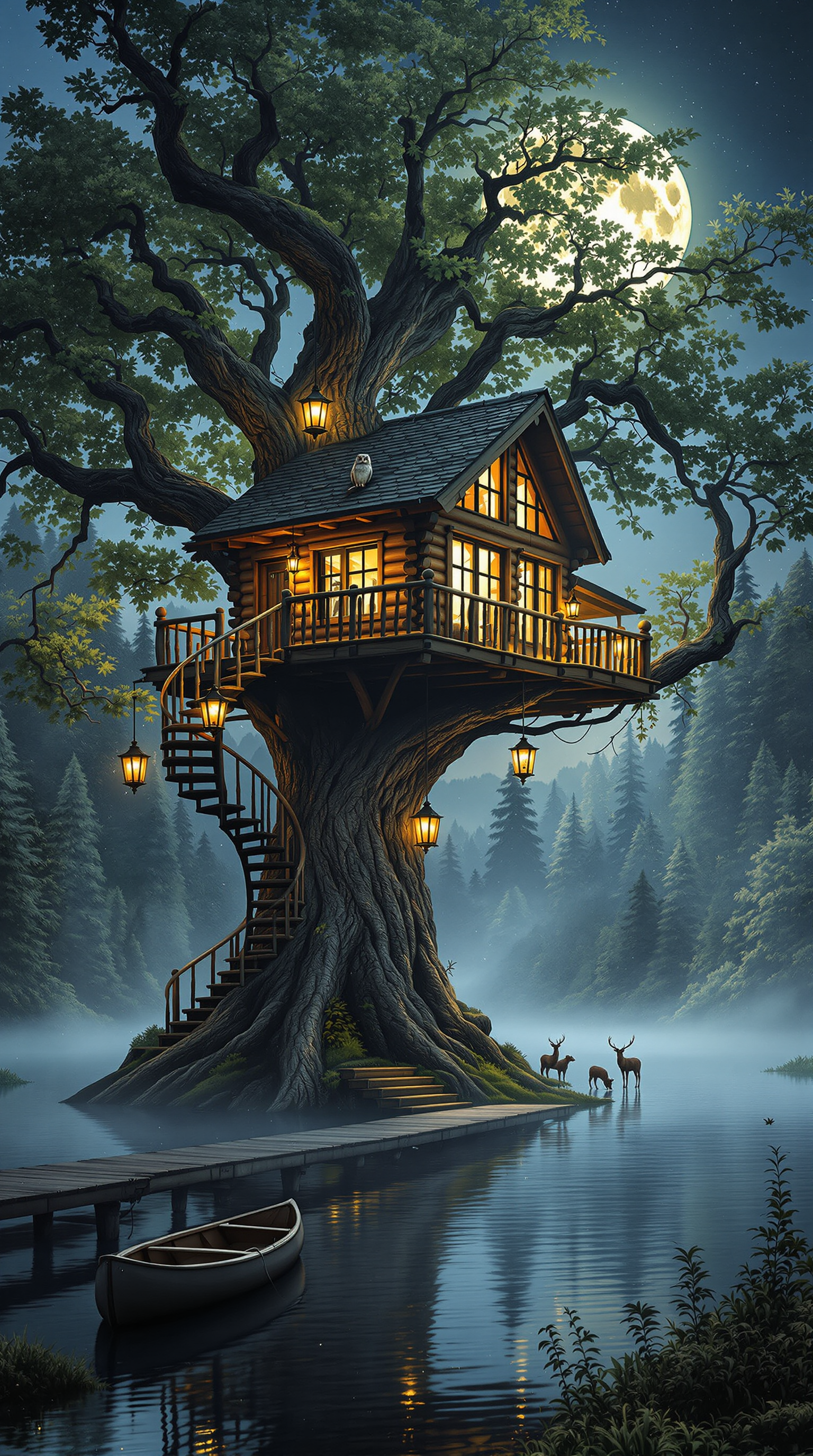 صورة مولدة بالذكاء الاصطناعي: FLUX prompt: A **hyper-realistic log cabin treehouse**, perched... (نموذج FLUX - حيوانات وطبيعة)