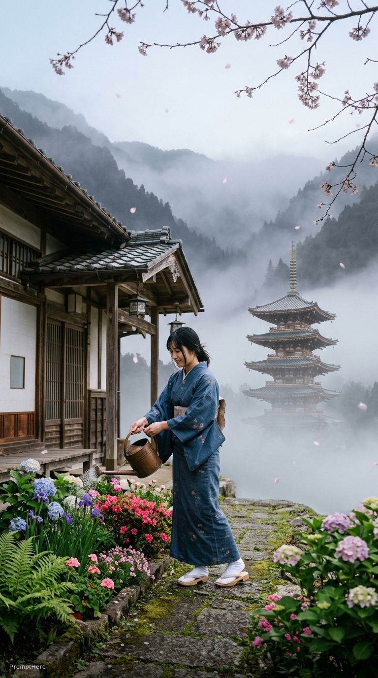 Nano Banana prompt: A peaceful Japanese rural scene. A be...