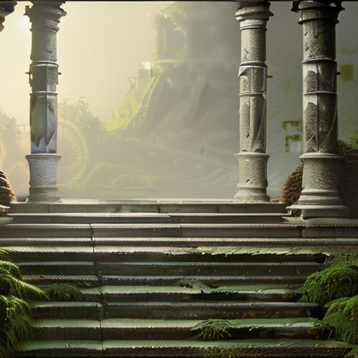 Stable Diffusion prompt: temple in ruines, forest, stairs...