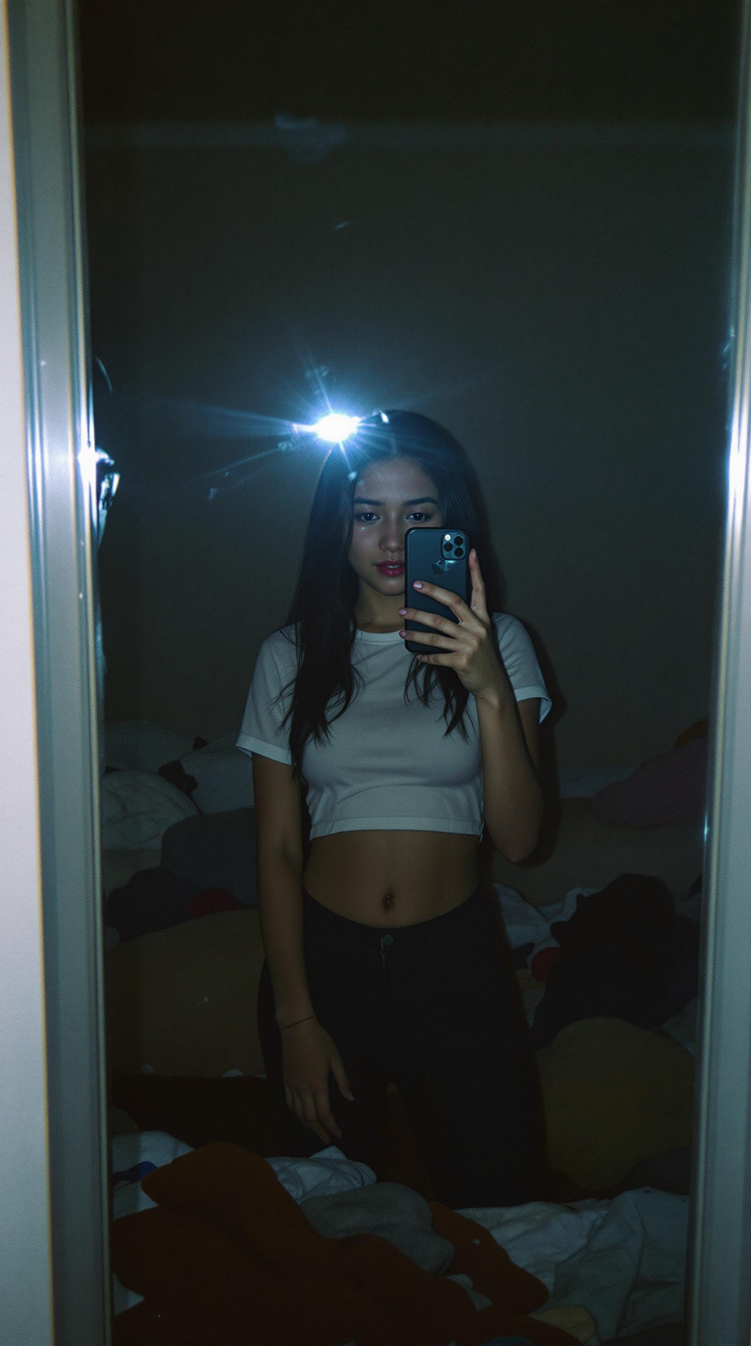 صورة مولدة بالذكاء الاصطناعي: FLUX prompt: schoolar asian girl stands in front of a mirror, c... (نموذج FLUX - صور شخصية)