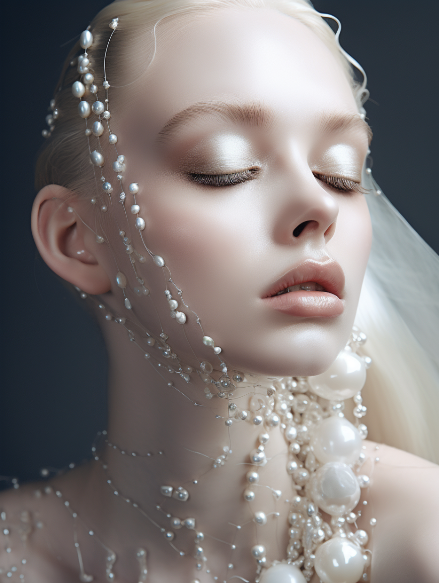 AI generated: Midjourney prompt: pale makeup with pearl parts on her face, white be... (Midjourney - Fashion)