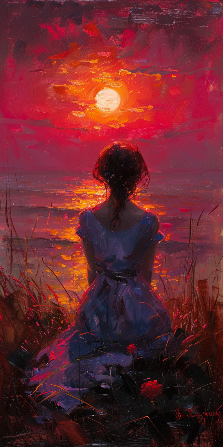 AI generated: Midjourney prompt: Impressionist painting, woman at sunset, 25-30 yea... (Midjourney - Portraits)