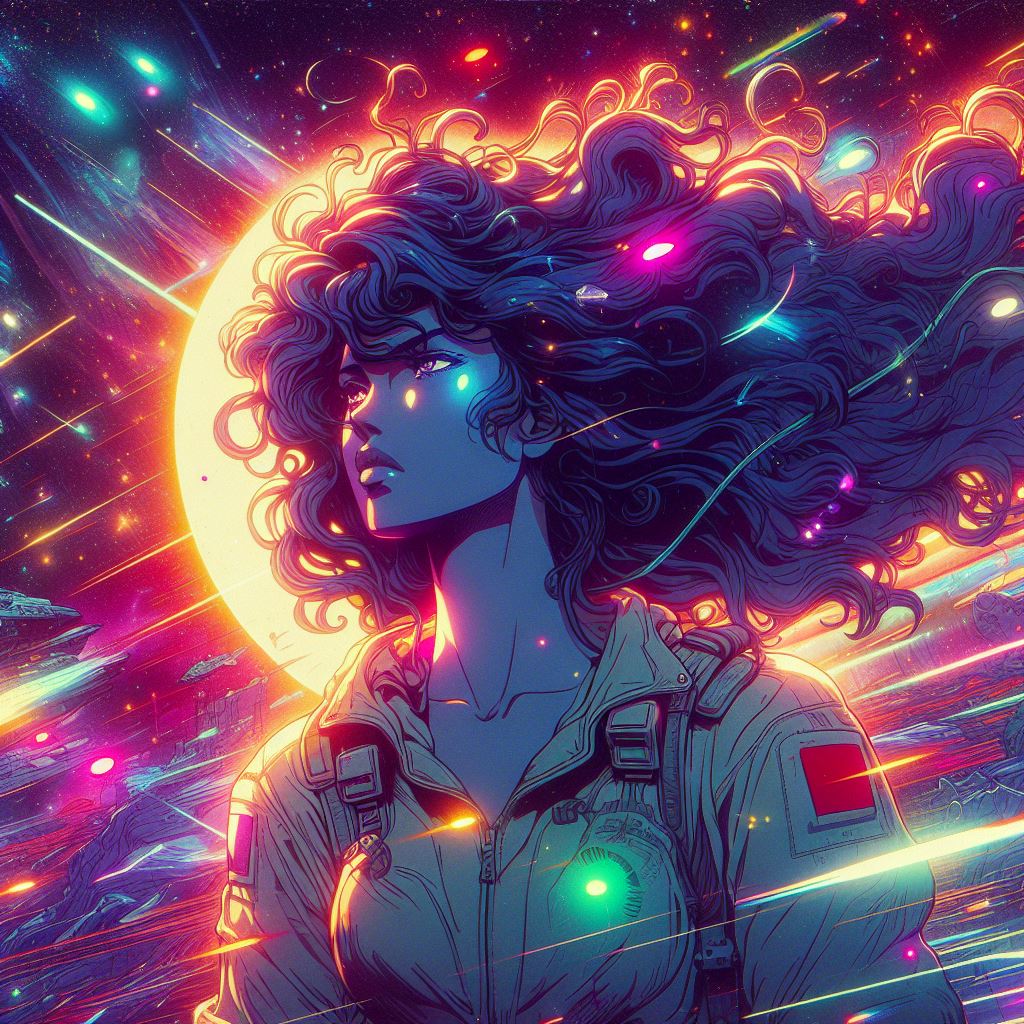 AI generated: DALL·E prompt: 80's sci fi anime, Female warrior with curly long ... (DALL·E - Anime)