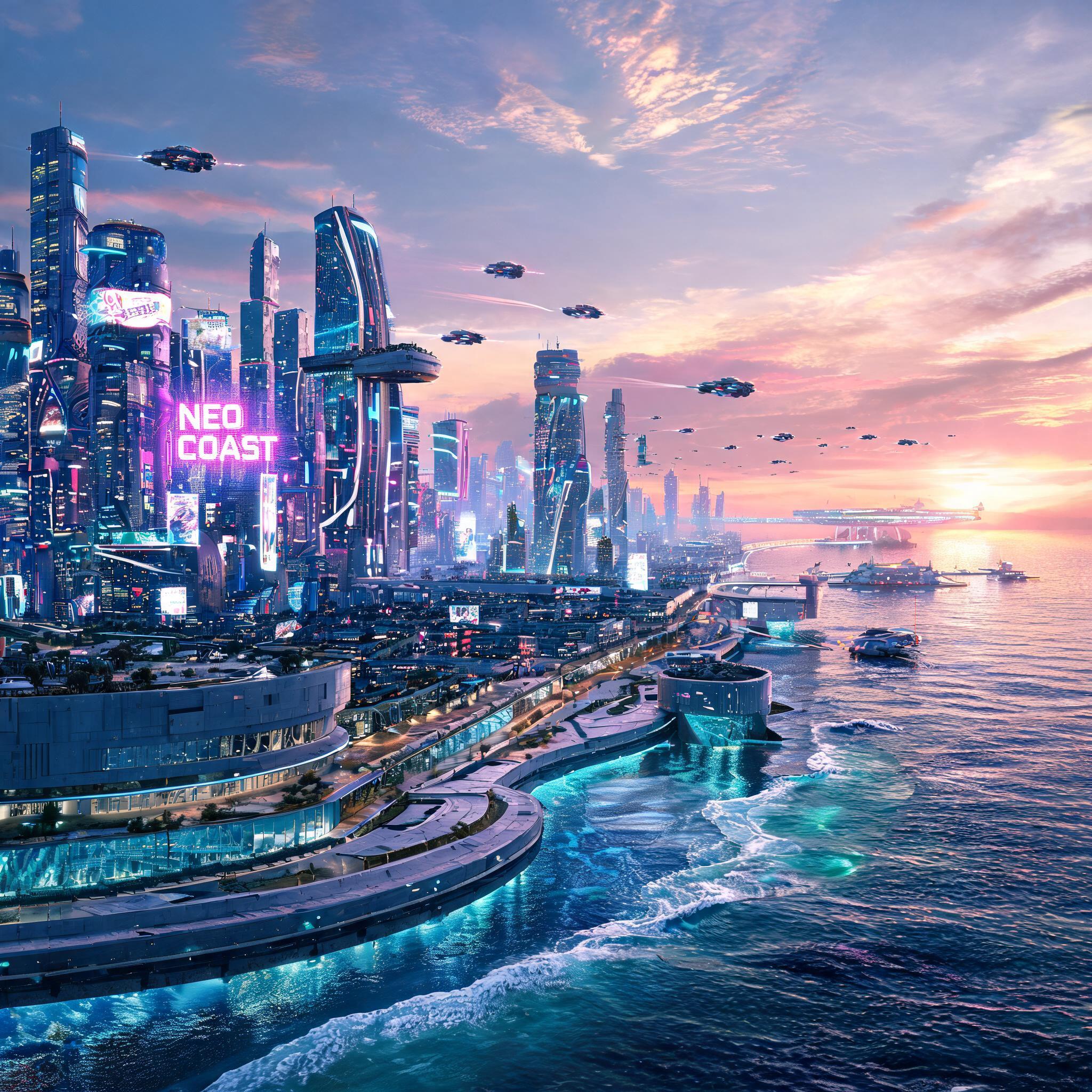 صورة مولدة بالذكاء الاصطناعي: Seedream 5 prompt: Create an image of a futuristic Mega City on the c (نموذج Seedream 5 - فن مفاهيمي)