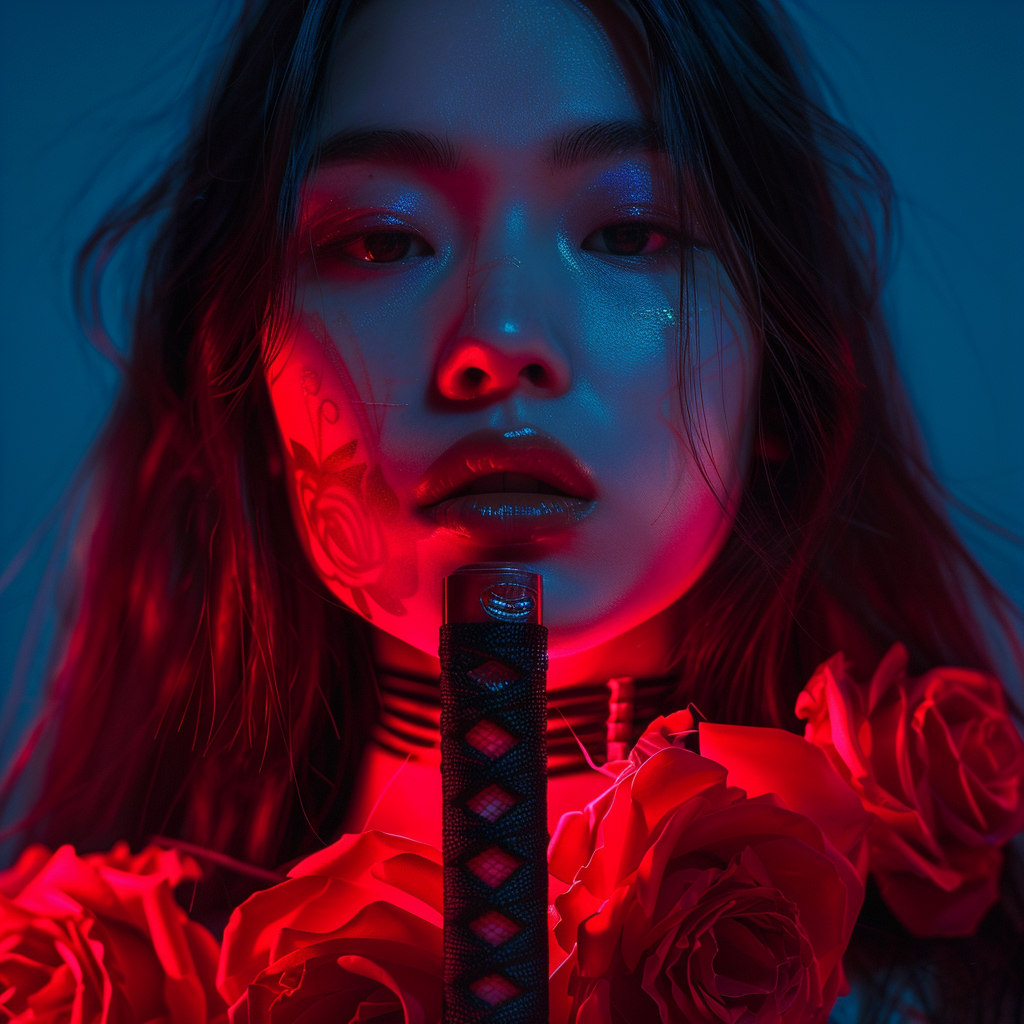 AI generated: Midjourney prompt: Asian girl looks half-front, long hair, neon red l... (Midjourney - Photography)