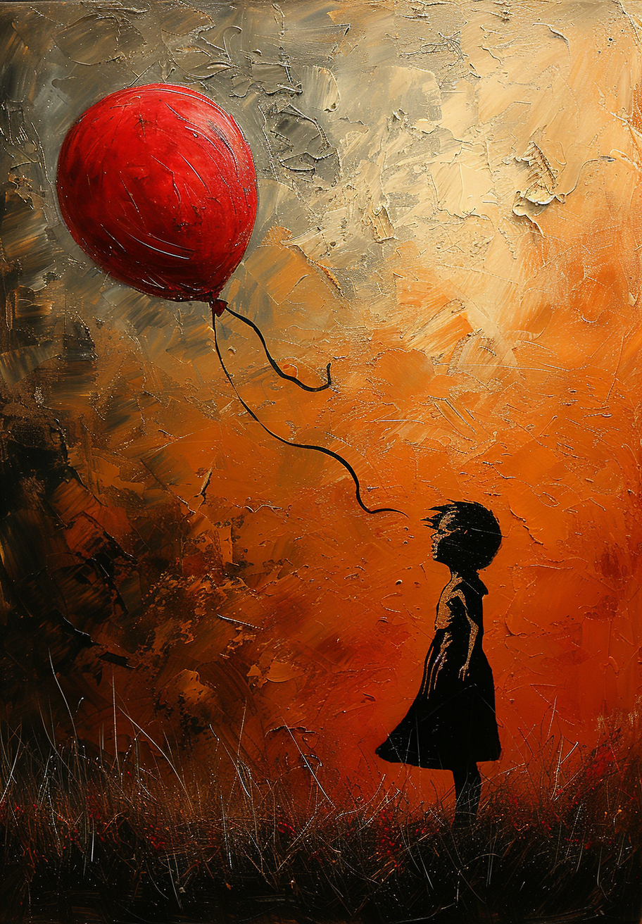 Midjourney prompt: a painting of a girl holding a red balloon, in the... - Midjourney