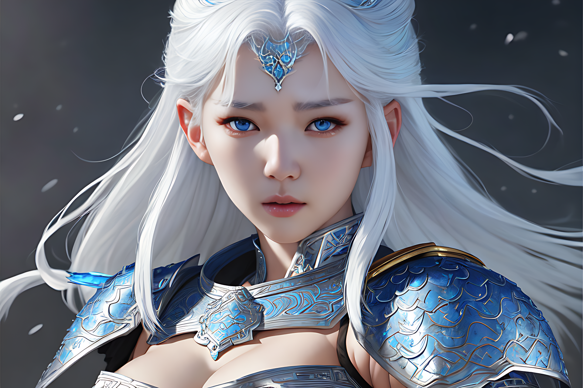 Stable Diffusion prompt: white hair, intricate azure armo...