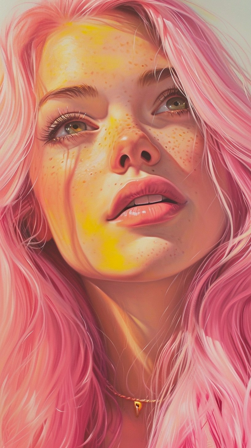 Midjourney prompt: a painting of a woman with pink hair, featured on ... - Midjourney