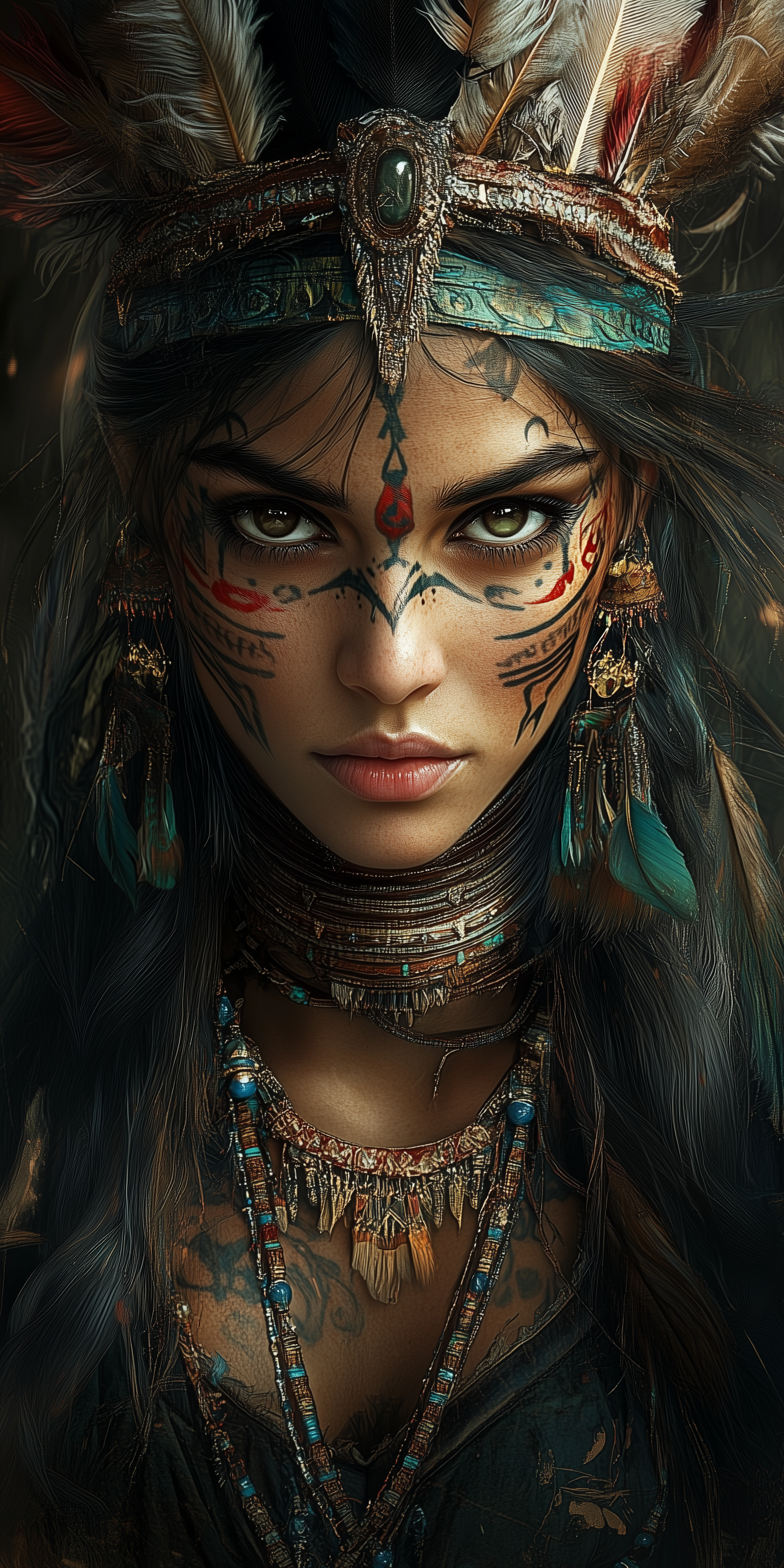 Midjourney prompt: A female warrior with dark hair and facial tattoos... - Midjourney