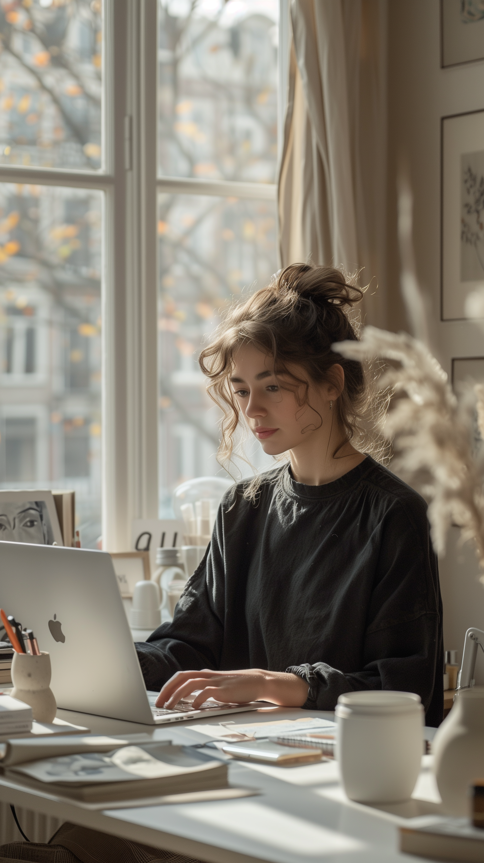 AI generated: Midjourney prompt: minimalist workspace, focused designer woman at a ... (Midjourney - Portraits)