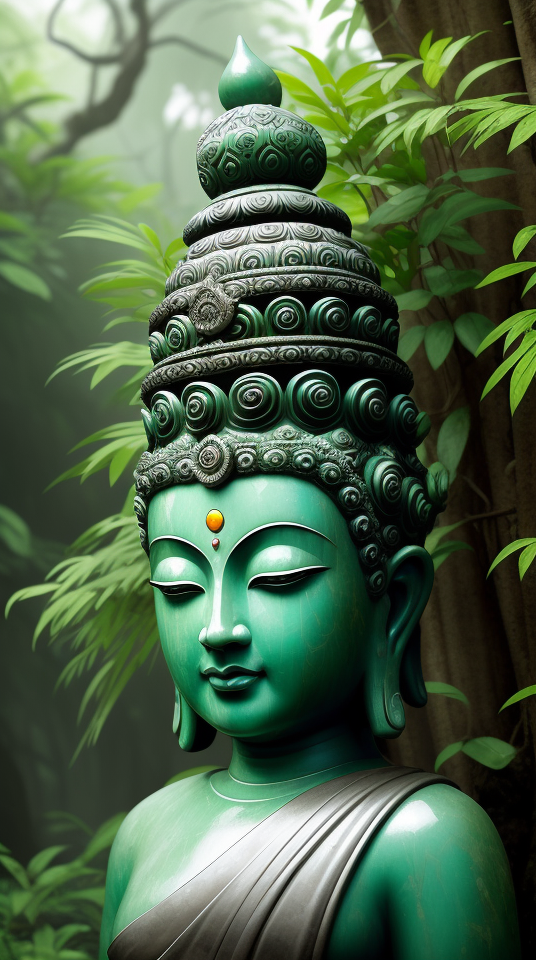 AI generated: Deliberate prompt: buddha in a halo of green leaves, [(old white marb... (Deliberate - Architecture)