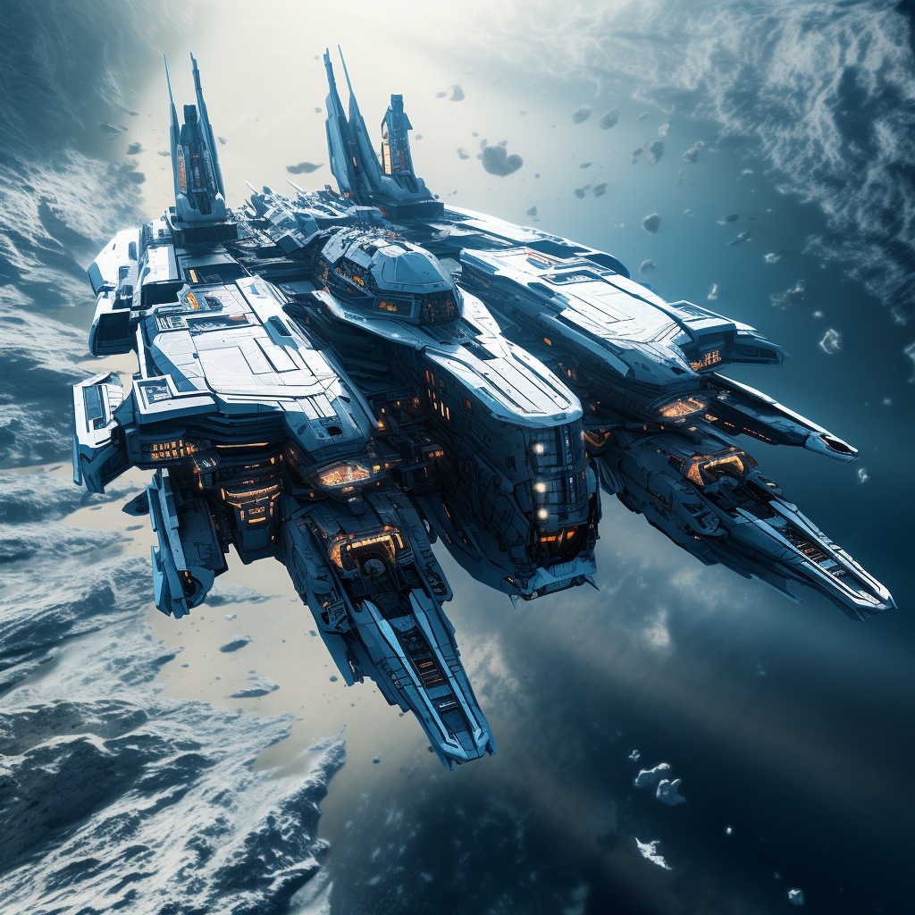 صورة مولدة بالذكاء الاصطناعي: Midjourney prompt: spacecraft in action, star wars, in the style of o... (نموذج Midjourney - فن مفاهيمي)
