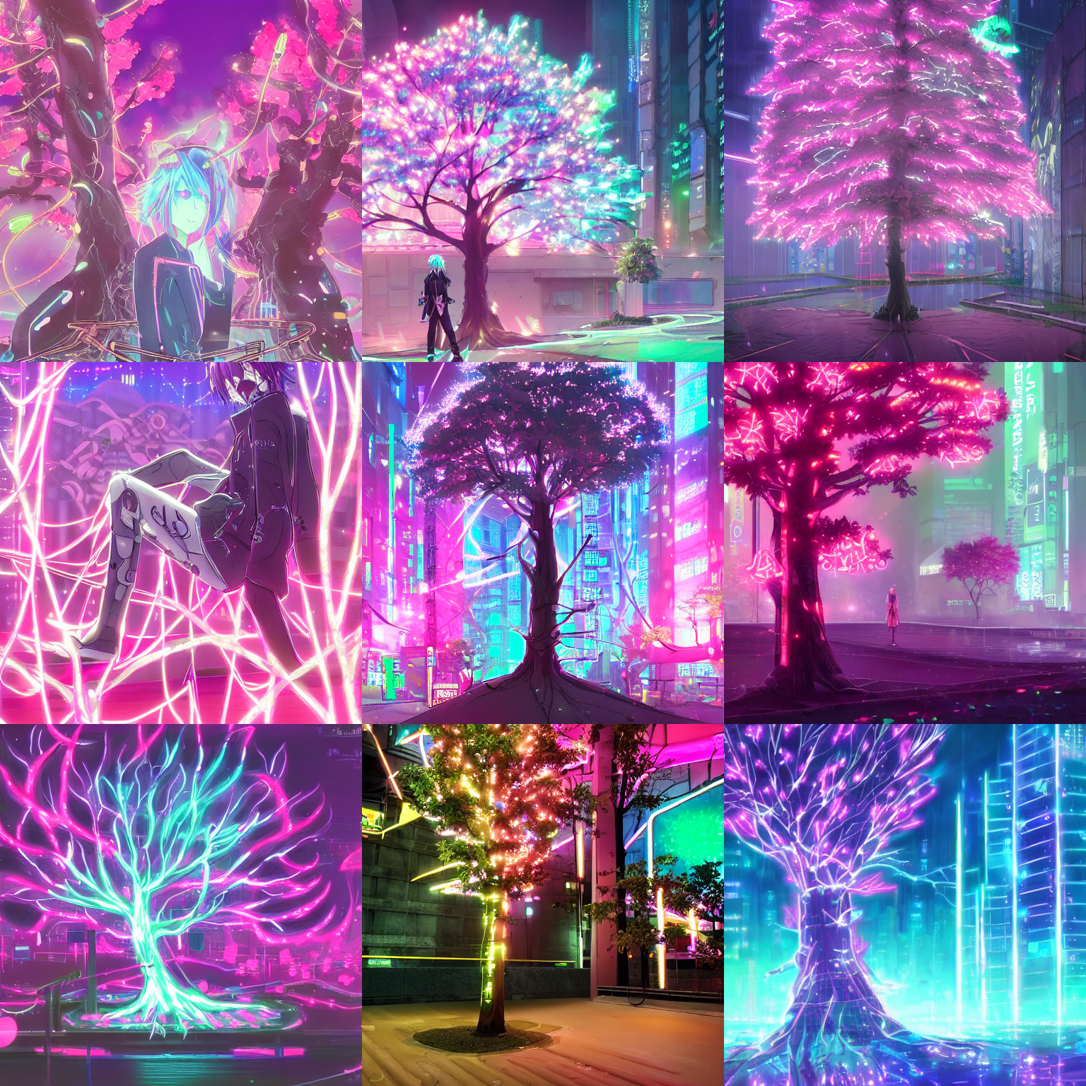 Stable Diffusion prompt: cyberpunk tree, pink neon lights...