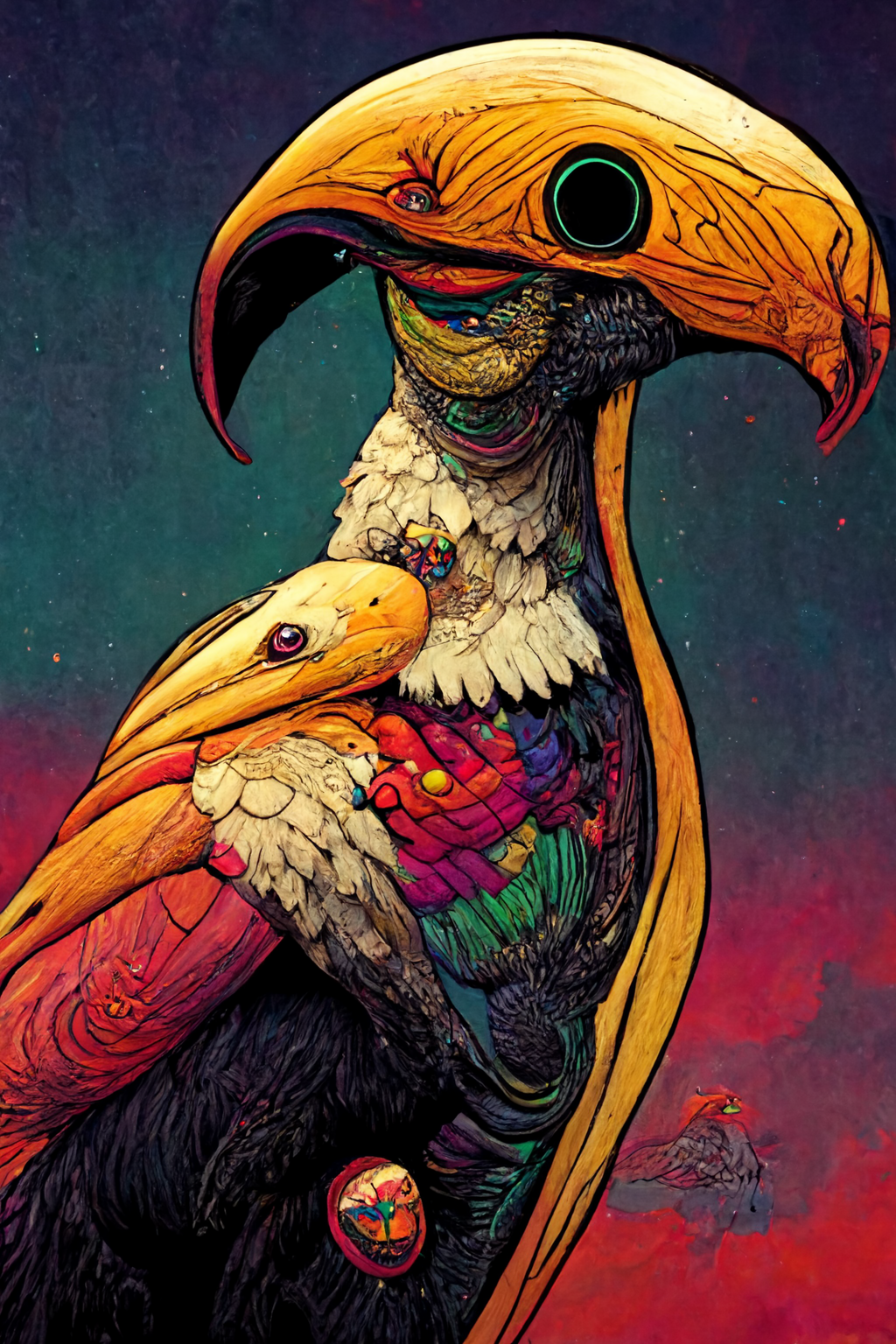 Midjourney prompt: Mutant alien Toucan vulture falcon par...