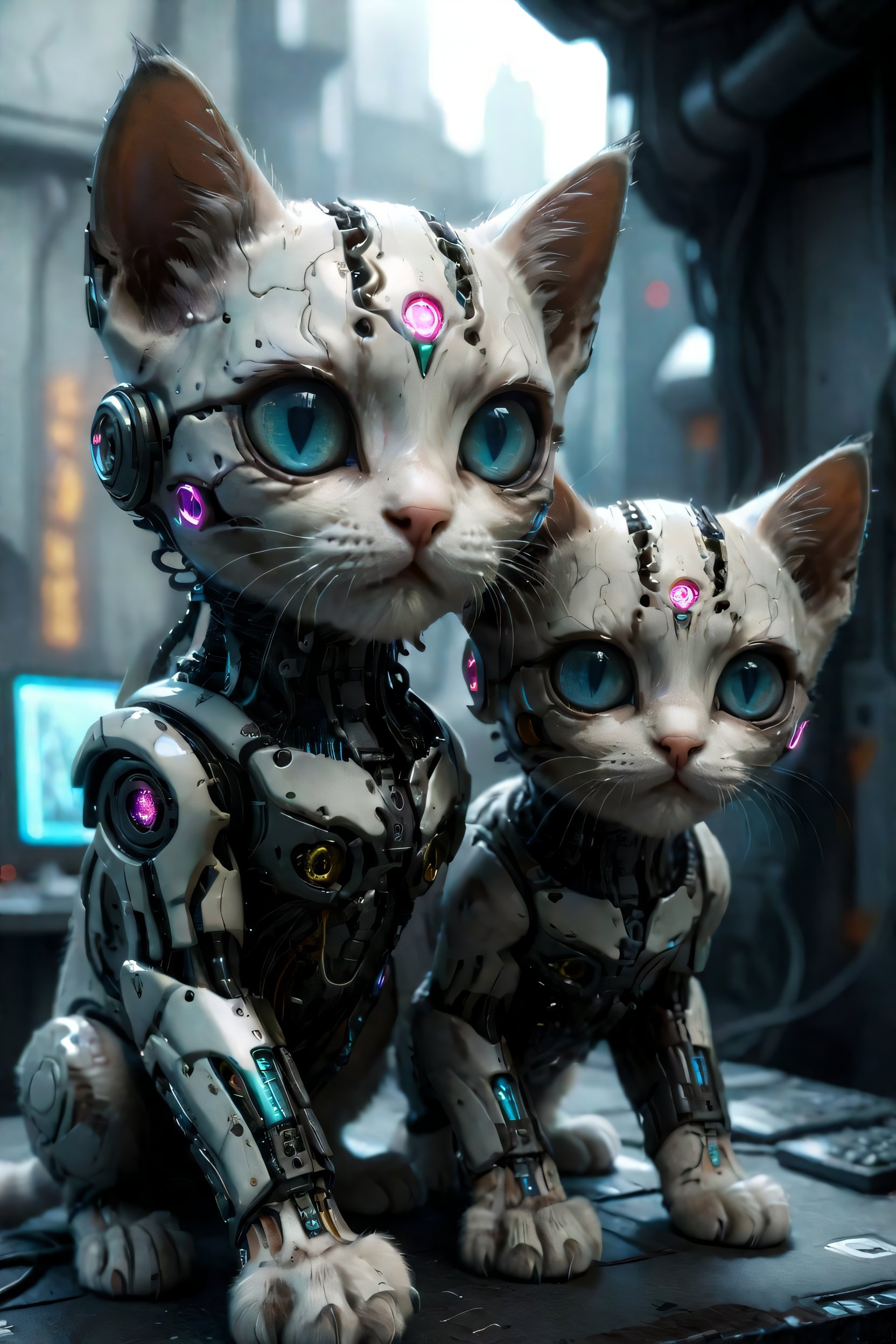 Stable Diffusion prompt: a cute kitten, curious++, cyborg...
