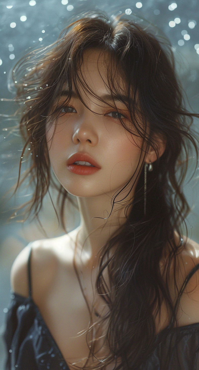 Midjourney prompt: a beautiful Asian woman with her hair blowing, in ... - Midjourney