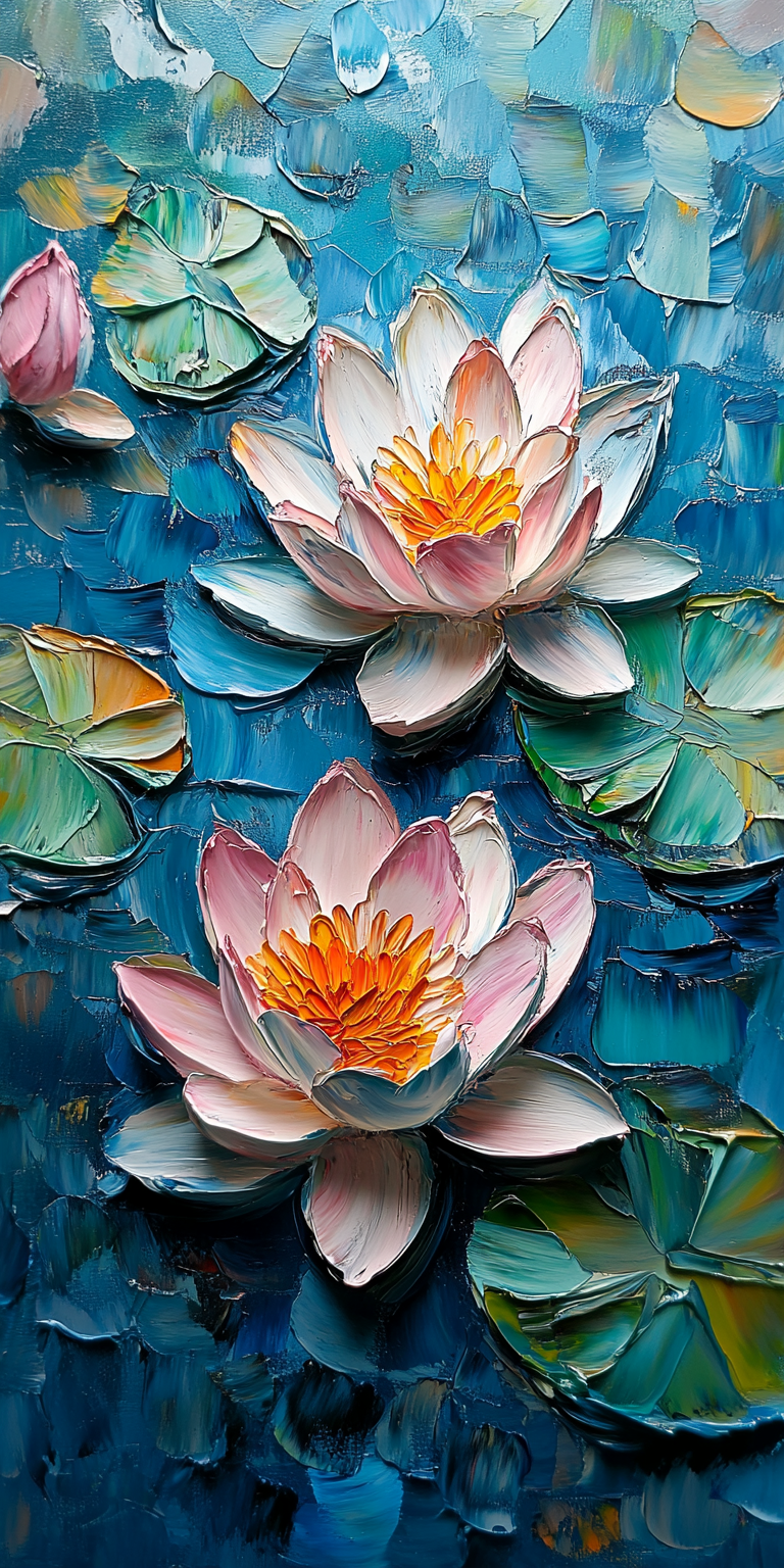 AI generated: Midjourney prompt: A close-up of water lilies using the palette knife... (Midjourney - Concept Art)