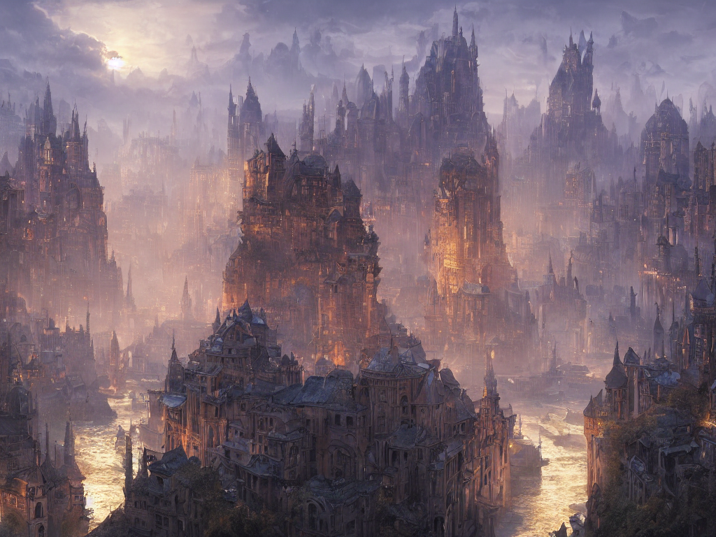 Stable Diffusion prompt: the city with rivers of gold, fa...