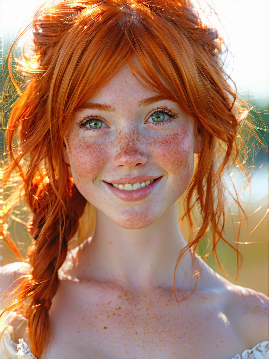 Stable Diffusion prompt: A vibrant redheaded t girl, The young lady's fair... - Stable Diffusion
