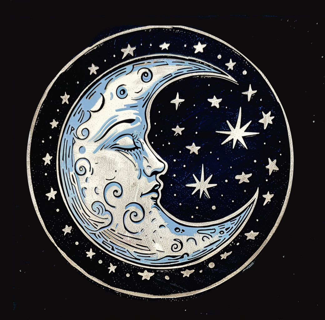 Midjourney prompt: A circular logo of the moon and stars with an illu... - Midjourney