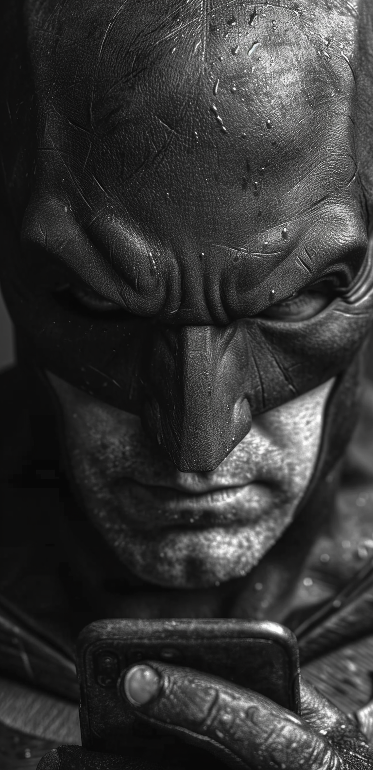 AI generated: Midjourney prompt: batman holding a phone, in the style of dramatic b... (Midjourney - Character Design)