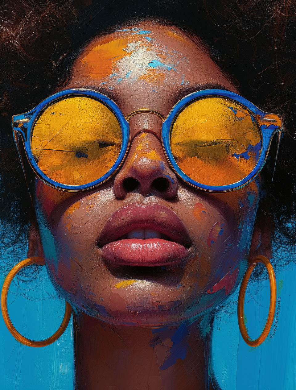 Midjourney prompt: a woman wearing colored painted glasses,in the sty... - Midjourney