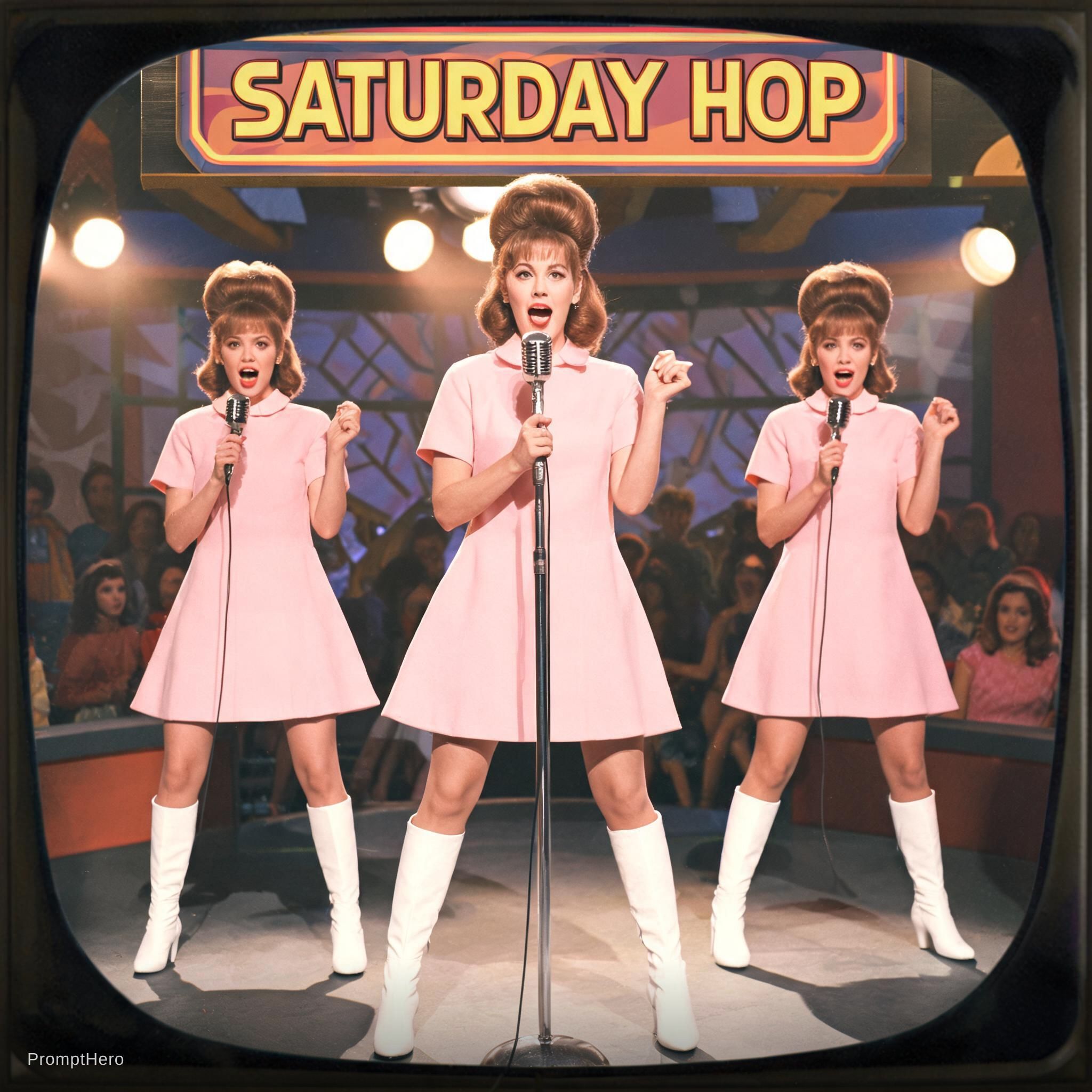AI generated: Seedream 5 prompt: A 1960s girl group performing in a 1970s or 1960s ... (Seedream 5 - Portraits)