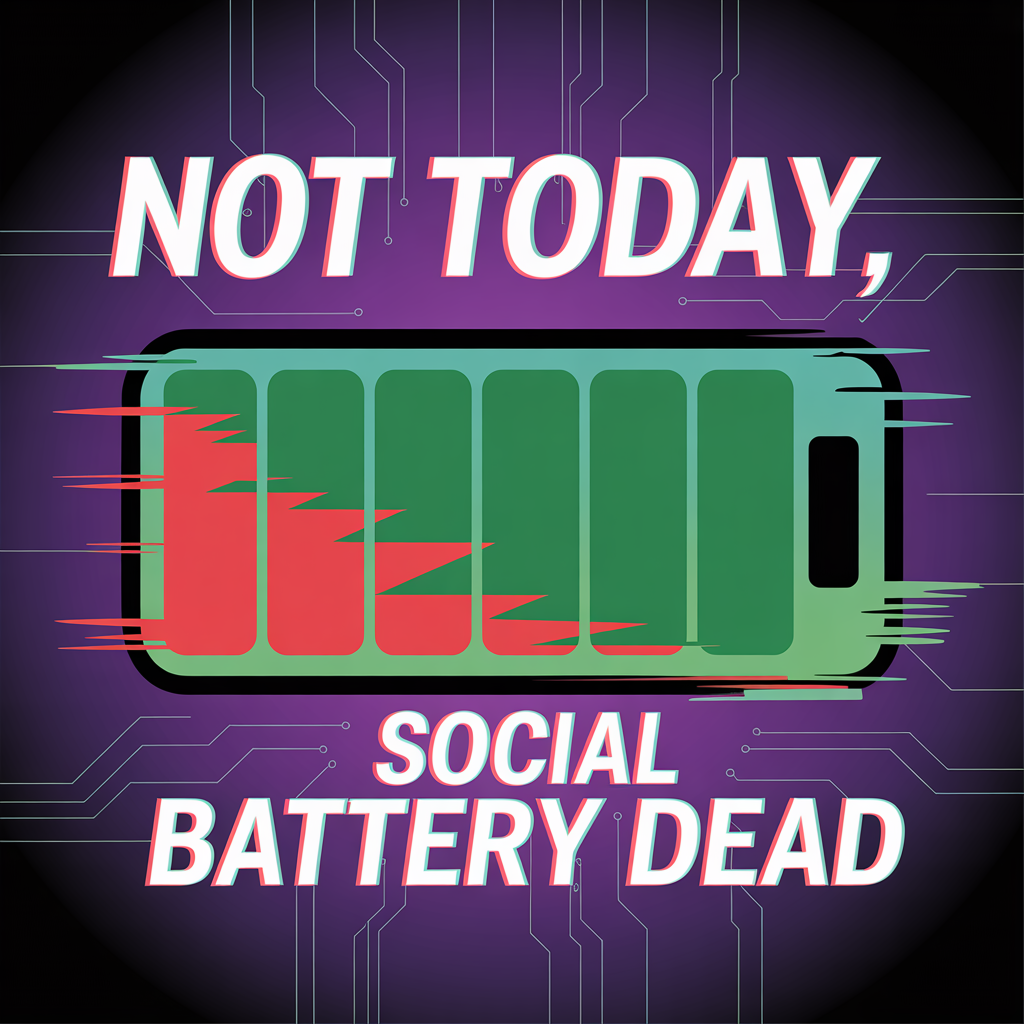 Ideogram prompt: “Not Today, Social Battery Dead.” Batte...