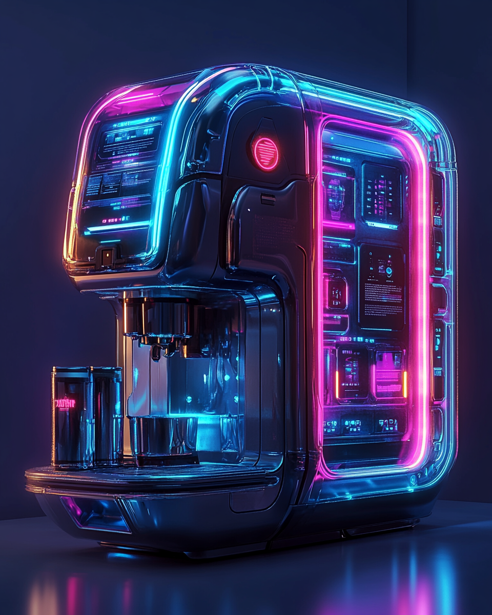 صورة مولدة بالذكاء الاصطناعي: Midjourney prompt: A sleek and futuristic coffee machine with sharp, ... (نموذج Midjourney - 3d Renders)