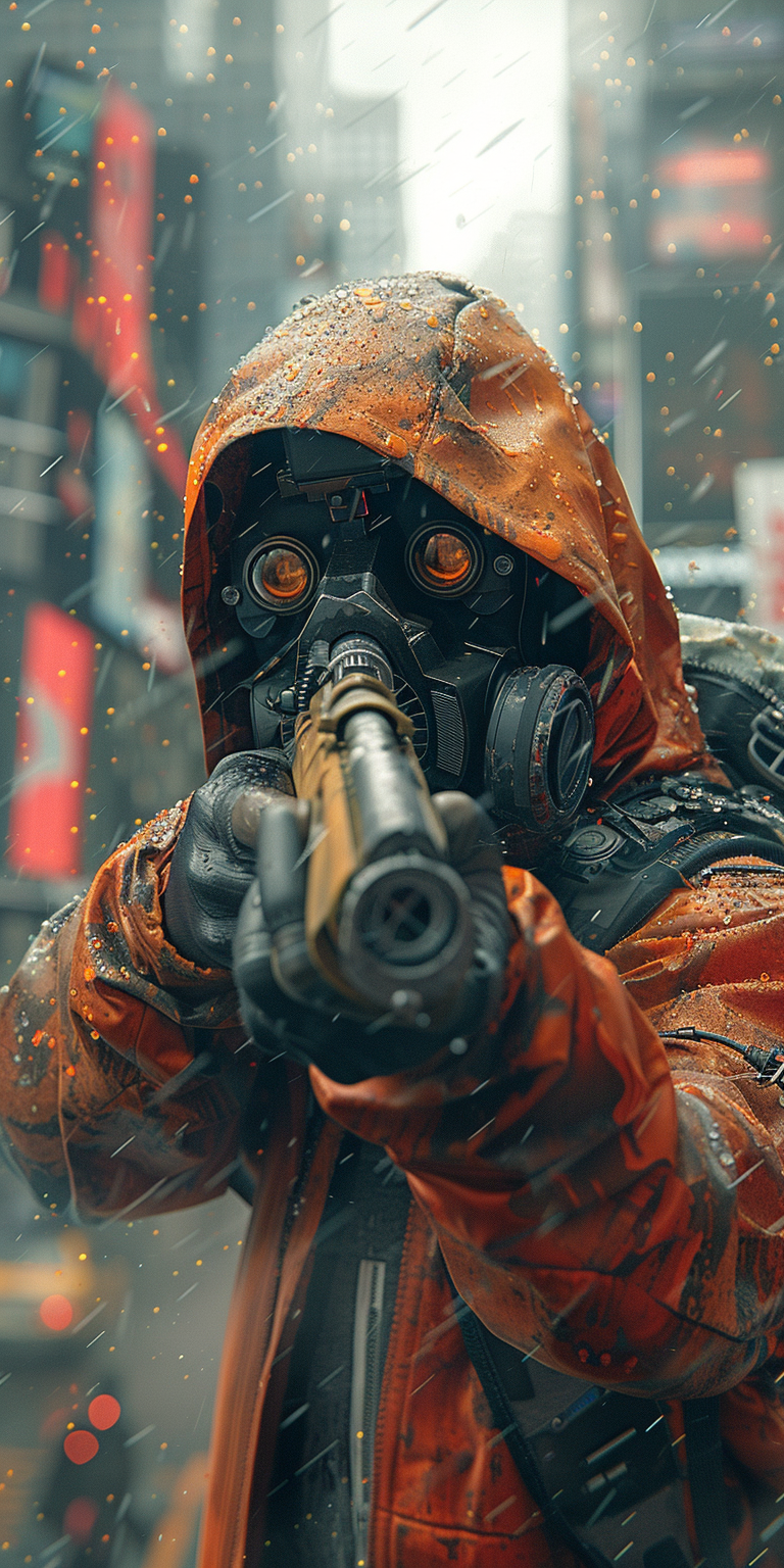 AI generated: Midjourney prompt: A cyberpunk-style man in an orange and red hoodie ... (Midjourney - Character Design)