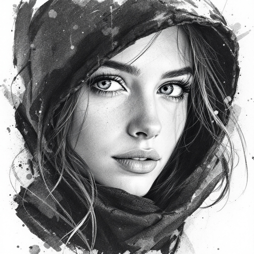 FLUX prompt: Pencil style, drawing, sketch, woman with pu...