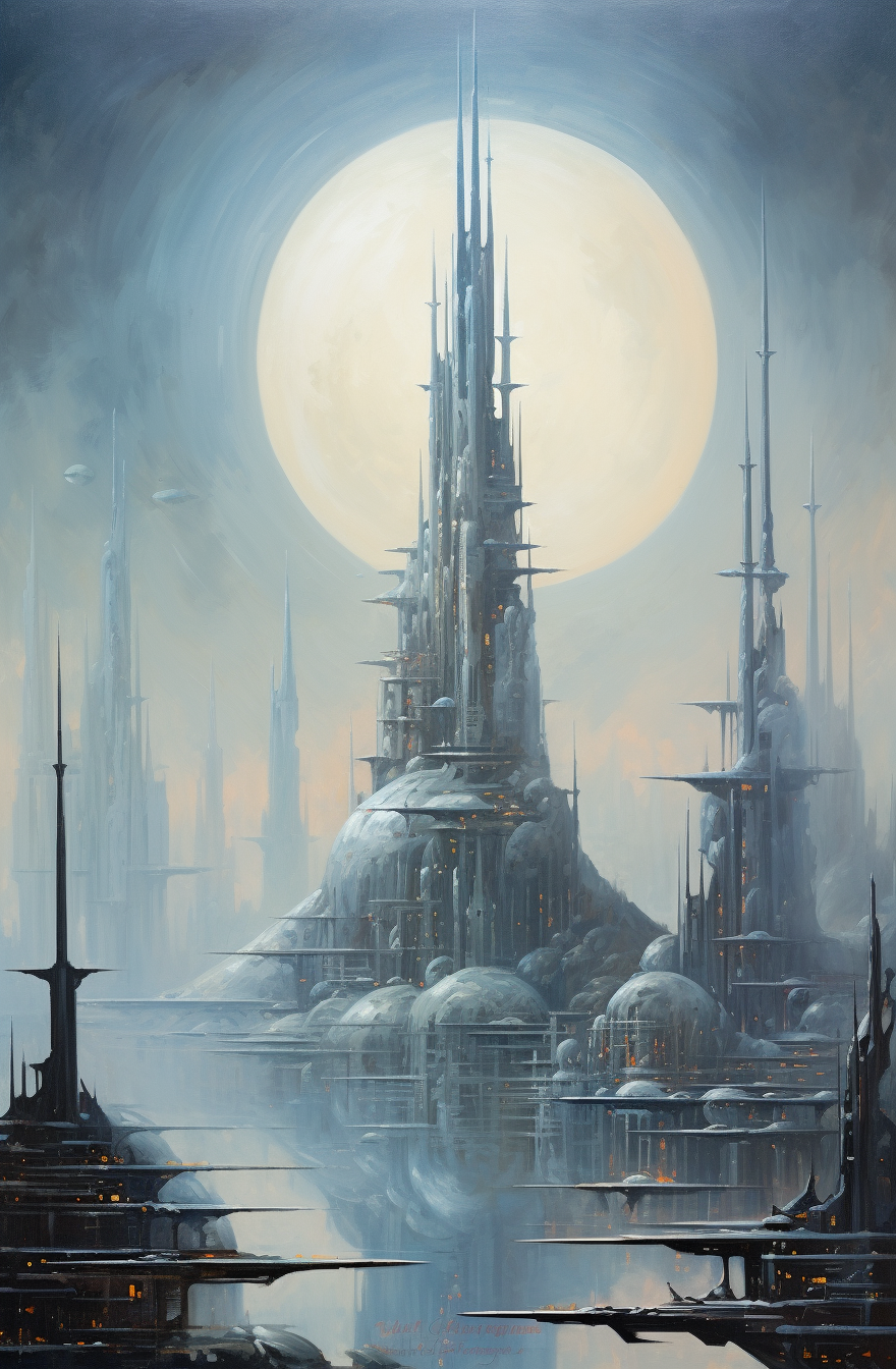 Midjourney prompt: oil painting of futuristic city with tall building... - Midjourney